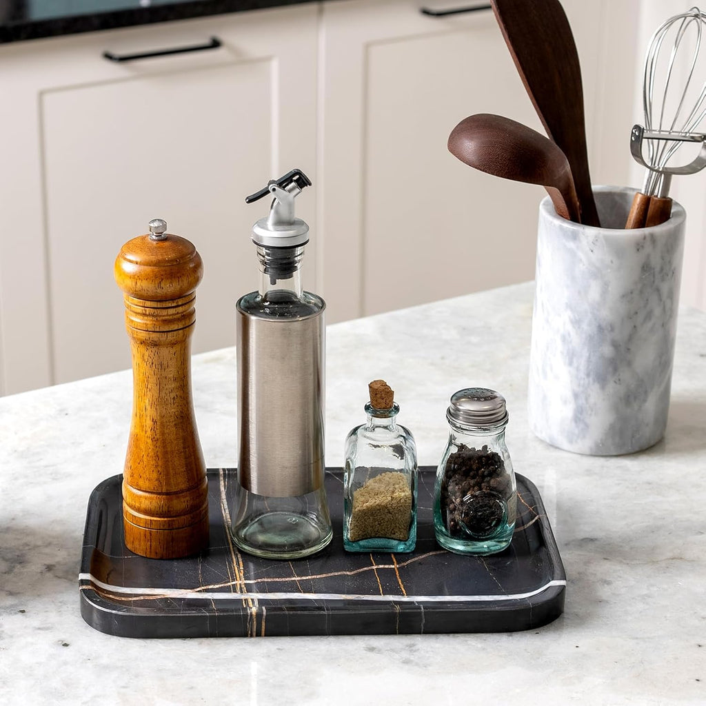 Koville Marble Tray, 12"x8" Marble Vanity Tray for Bathroom Kitchen Countertop, Rectangular Stone Tray for Cosmetics Perfume Trinket, Decorative Catchall Trays (Black)