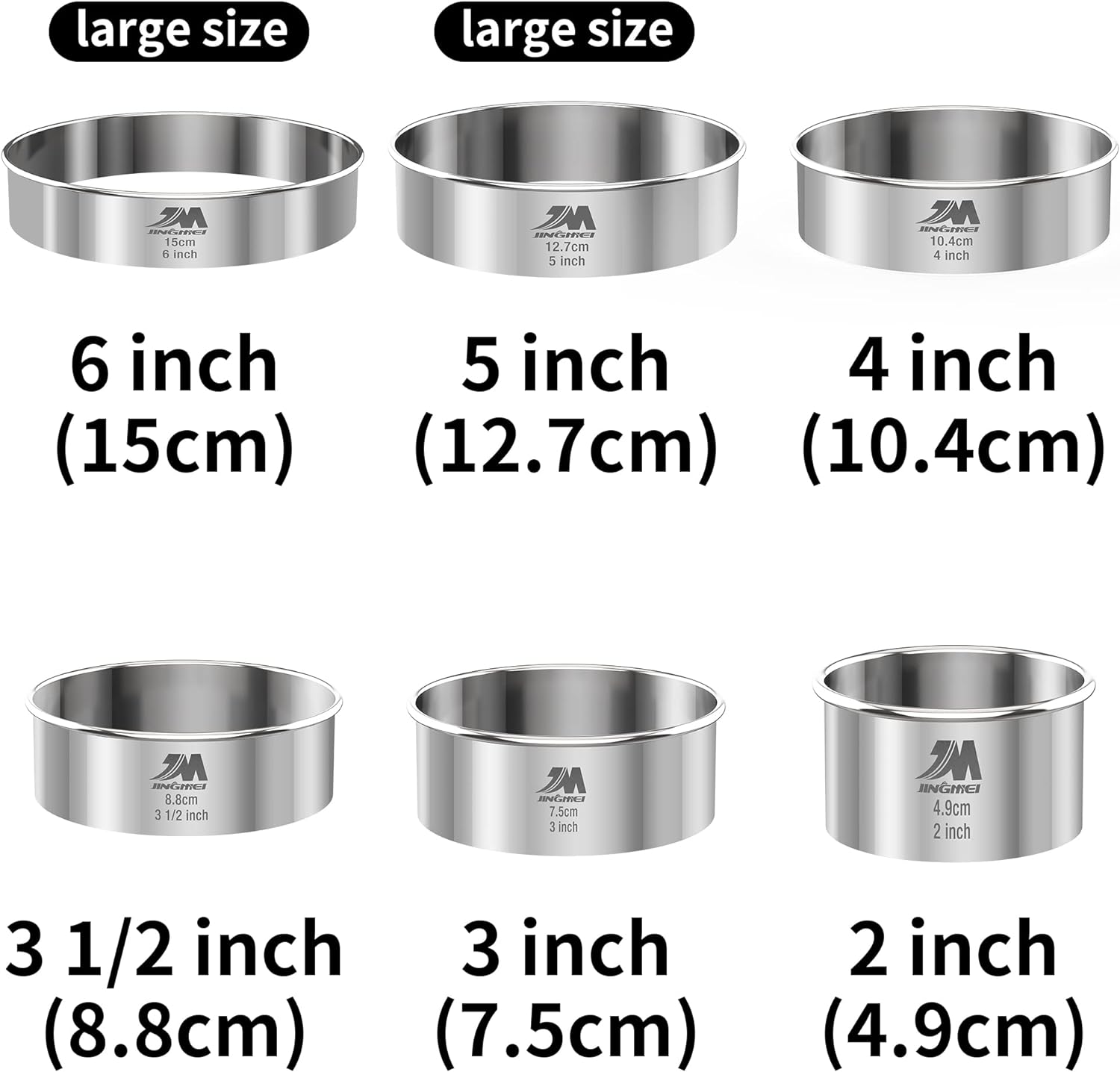 M JNGMEI 6 Pieces Stainless Steel Cookie Cutter Set 2'', 3'',3.5'', 4'',5''and6'' Biscuit Plain Edge Round Cutters large Sizes Shape Molds Ranging from 2-6 Inches GIFT PACKAGE