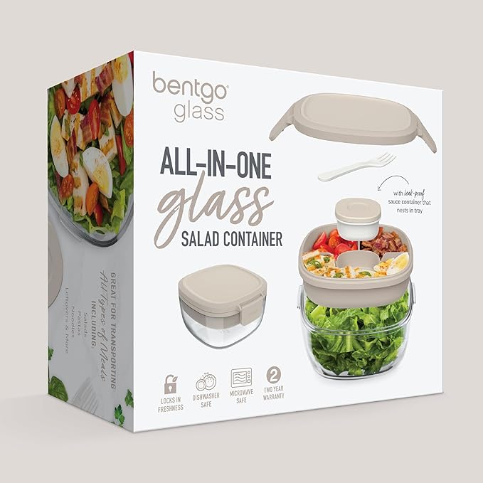 Bentgo Glass All-in-One Salad Container - Large 61-oz Salad Bowl with Lid, 4-Compartment Bento-Style Tray, 3-oz Sauce Container, & Reusable Fork - Dishwasher, Microwave, & Oven Safe (White Stone Tan)