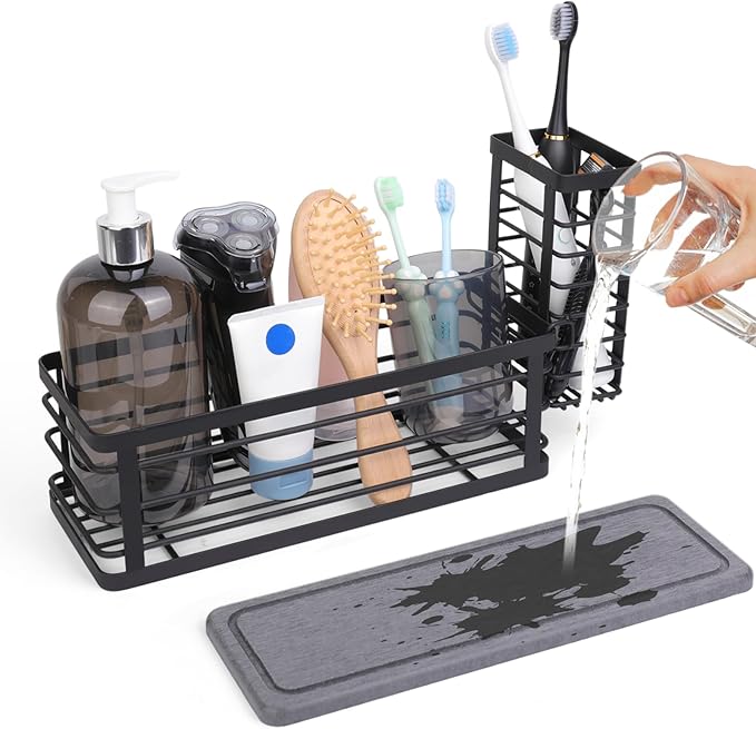 Kitchen Sink Caddy Organizer, 10.5" X 4.0" X 3.6" Sink Sponge Holder for Kitchen with Instant Drying Stone and Dish Brush Holder, Bathroom Organizer for Sponges, Scrubbers, Soap