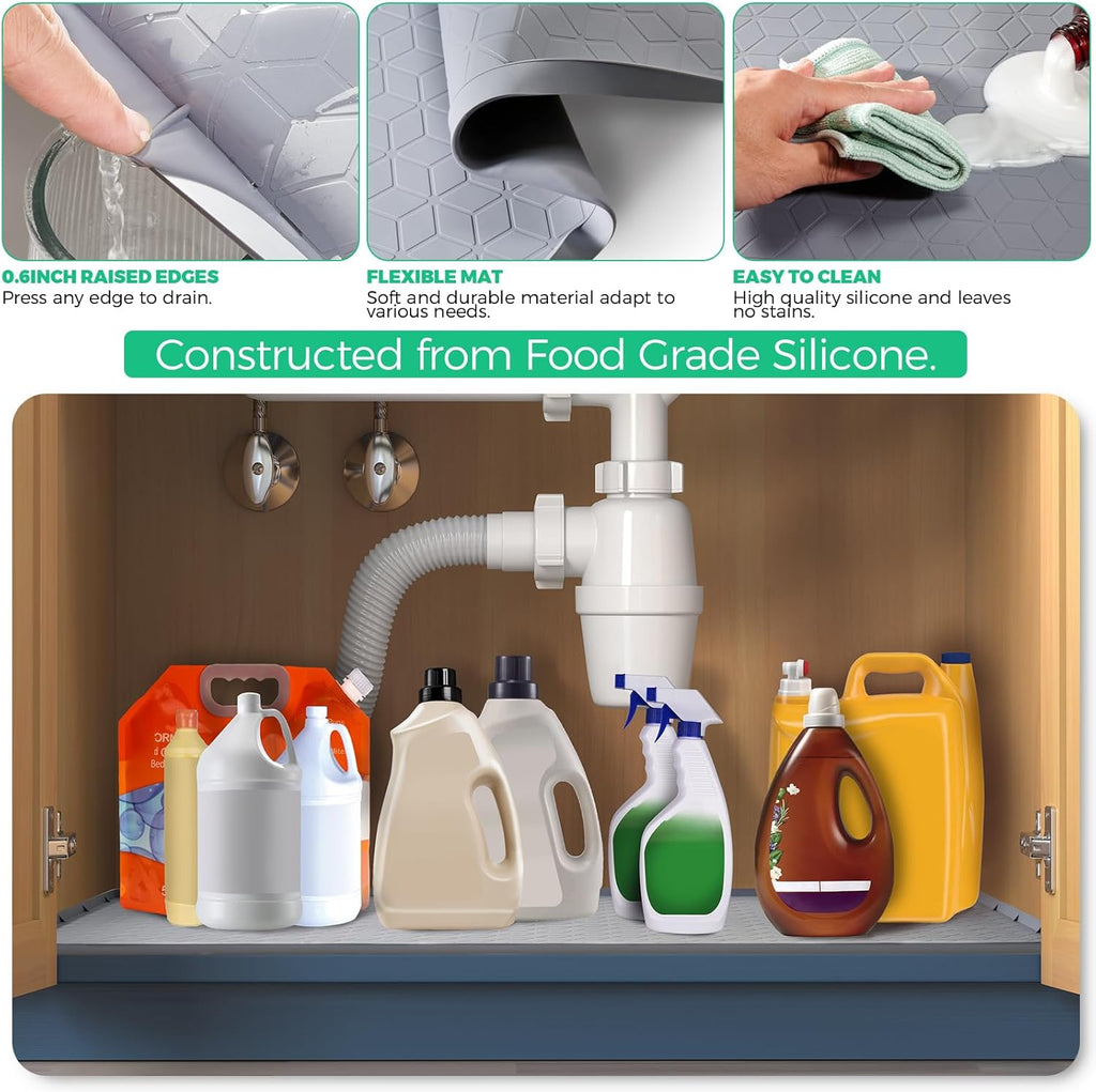 TRZZ Silicone Waterproof Under Sink Mat 28" x 22", Drip Tray and Cabinet Liner for Kitchen and Bathroom, Prevents Water Damage and Organizes Cabinets (Grey)