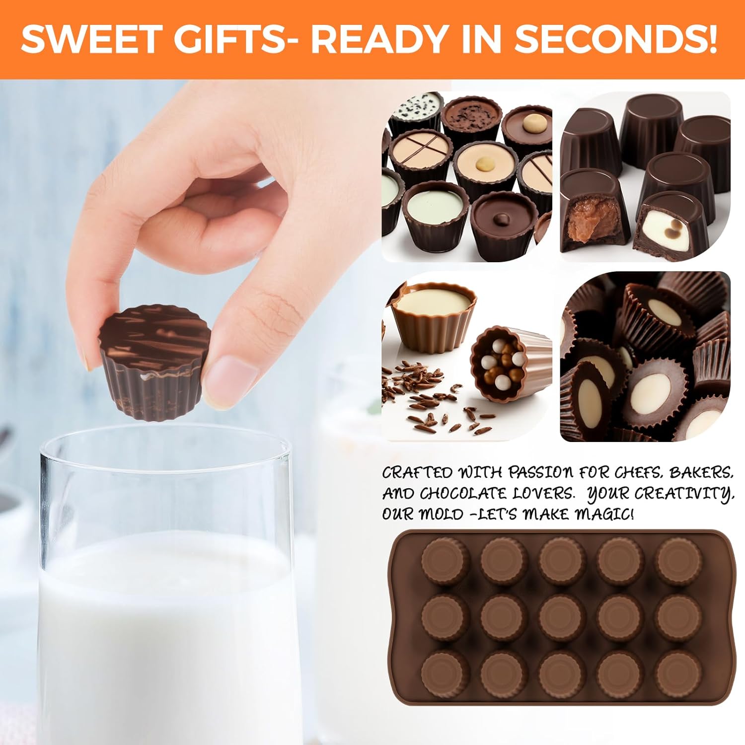 Peanut Butter Cup Mold, 15 Cavity Chocolate Candy Molds, Silicone Baking Mold for Snack Size Mini Peanut Butter Cup, Jelly, and Cordial, Pack of 2