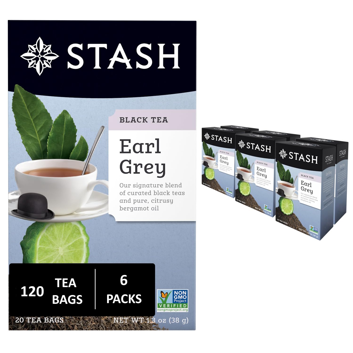 Stash Tea Earl Grey Black Tea - Caffeinated, Non-GMO Project Verified Premium Tea with No Artificial Ingredients, 20 Count (Pack of 6) - 120 Bags Total