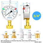 MEANLIN MEASURE 0~100Psi Stainless Steel Frame 3/4" Female Liquid Filled Pressure Gauge kit Plus 5 adapters, 2.5" FACE DIAL Multi-Purpose Pressure Gauge kit for Gardens, Water Pipes with 2PCS Snaps
