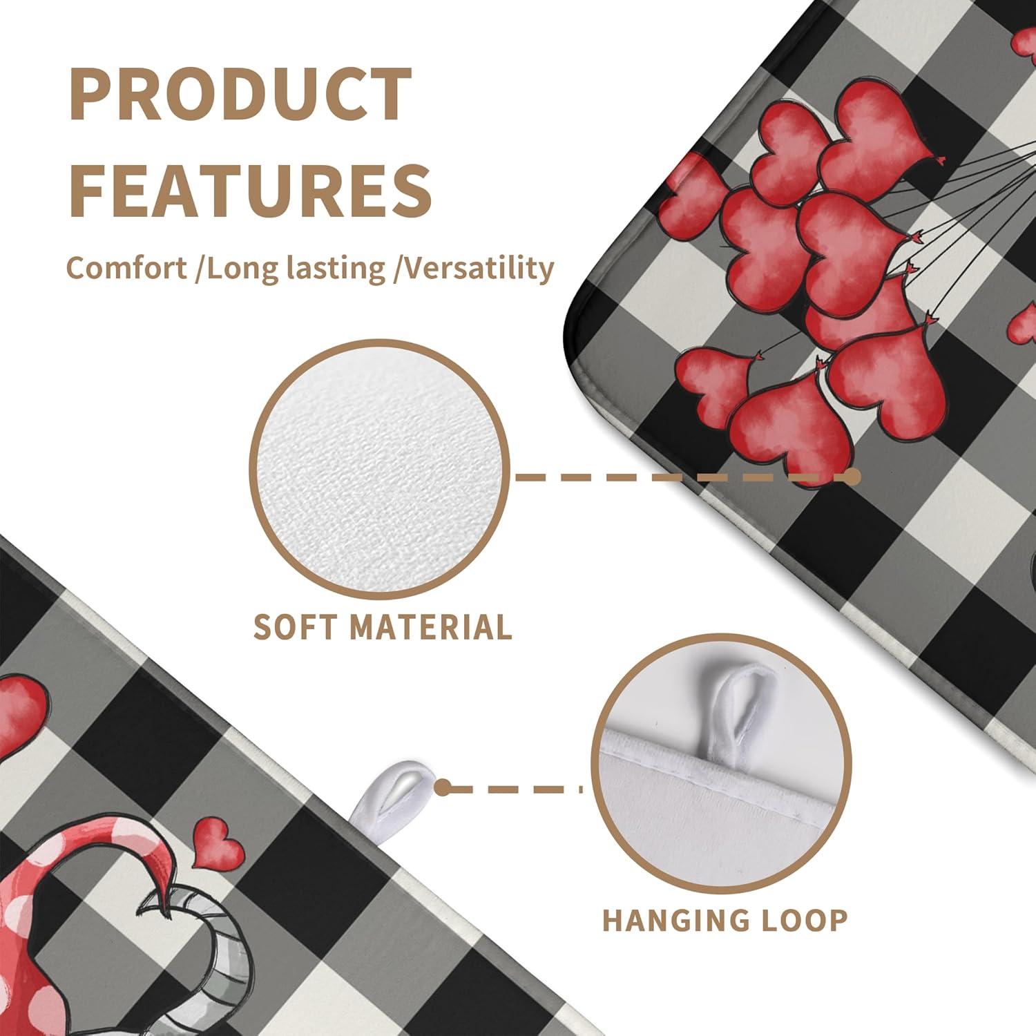 Valentine Gnome Hearts Dish Drying Mat Valentines Gnomes Dishes Dryer Mats for Kitchen Countertop 18x24 Inches Under Coffee Maker Drainer Matt Microfiber Large