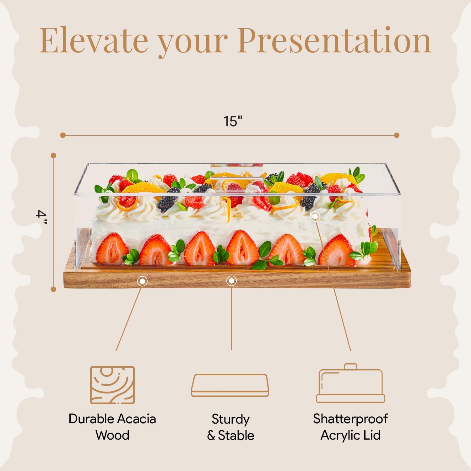 Cake Display with Lid – Acacia Wood Dessert Stand & Wooden Charcuterie Board with Lid for Loaf Cakes, Bread, Pastries, Cheese, Large Rectangle Wood Tray Platter & Acrylic Cover, 15 x 6.25”