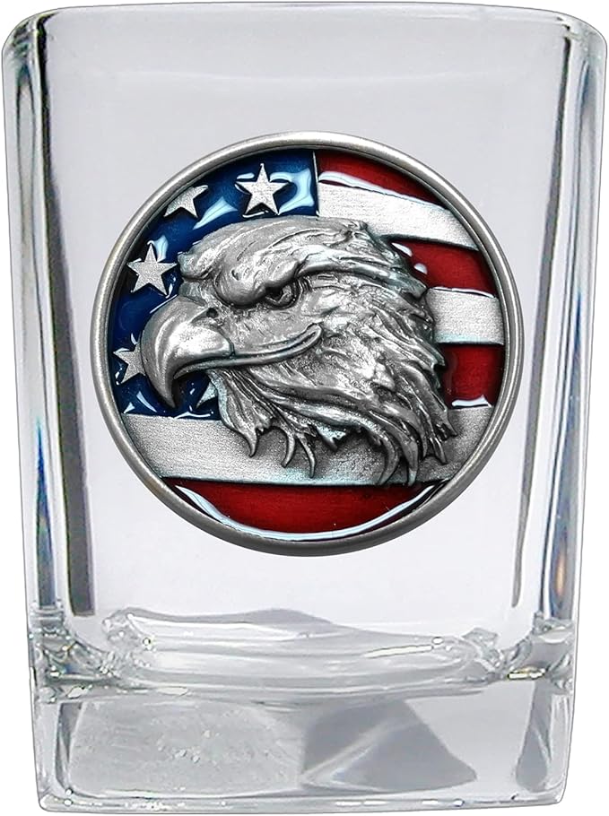 Heritage Pewter Eagle with Flag Square Shot Glass | Hand-Sculpted 1.5 Ounce Shot Glass | Intricately Crafted Metal Pewter Inlay