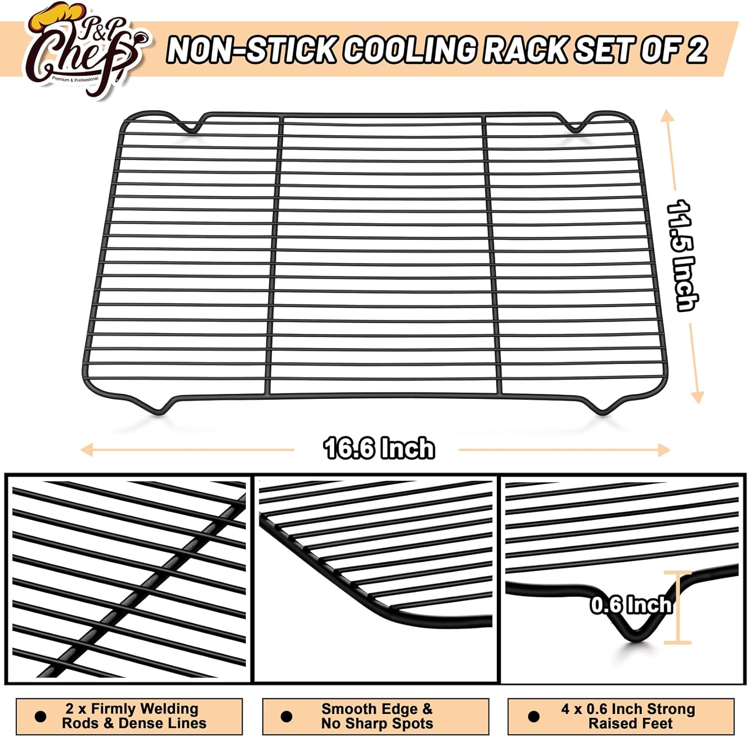 P&P CHEF Cooling Baking Rack Pack of 2, Stainless Steel Cooling Racks for Cooking Baking Roasting Grilling Drying, Dense Wires & Smooth Edge, Easy to clean, Black, 16.6" x 11.5"