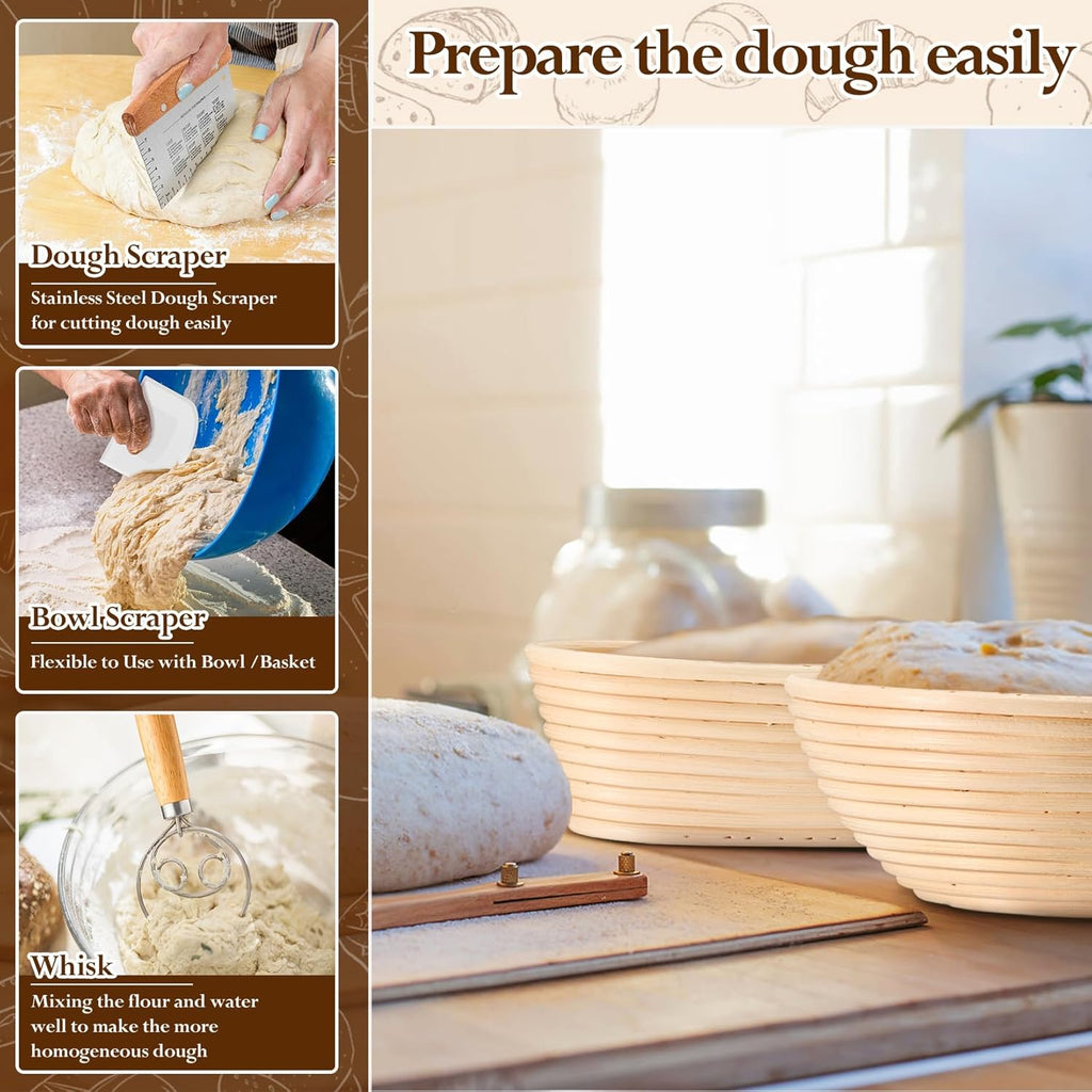 P&P CHEF Sourdough Bread Baking Supplies, 9” Round & 10” Oval Sourdough Proofing Baskets Starter Kit, Bread Making Tool Set with Cloth Liner Bread Lame Scraper Brush Dough Whisk