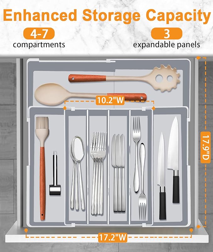 Homecor Silverware Drawer Organizer for Kitchen - Adjustable Utensil Holder Drawer Organizer, BPA Free Flatware and Cutlery Tray, Expandable Plastic Storage for Spoons Forks Knives, Grey