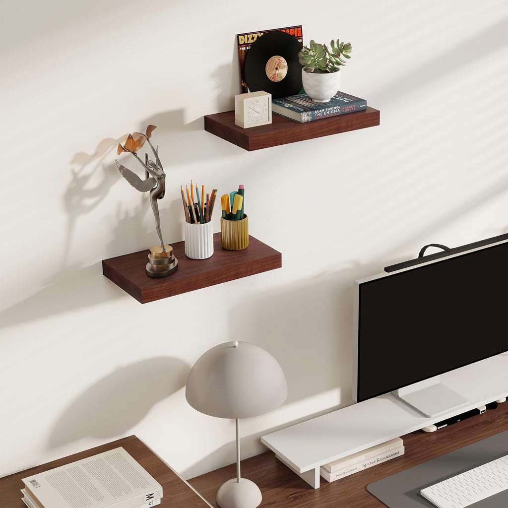 Floating Shelves for Wall, Real Wood Floating Shelf Set of 2, 8 Inch Deep Floating Shelves, Rustic Wood Wall Shelf for Home Decor, Deep Storage Shelves for Bathroom, Kitchen, 16"W x 8"D, Red Brown