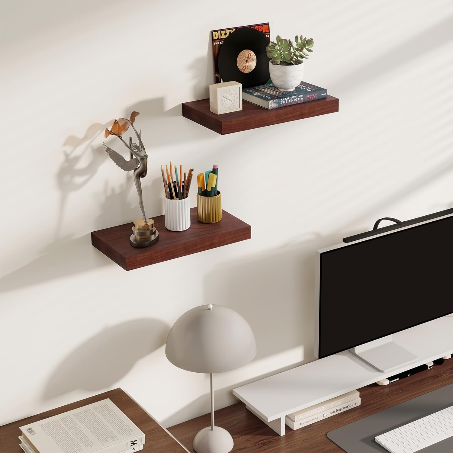 Floating Shelves for Wall, Real Wood Floating Shelf Set of 2, 8 Inch Deep Floating Shelves, Rustic Wood Wall Shelf for Home Decor, Deep Storage Shelves for Bathroom, Kitchen, 16"W x 8"D, Red Brown