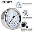 MEANLIN MEASURE 0~40Psi Stainless Steel 1/4" NPT 2.5" FACE DIAL Liquid Filled Pressure Gauge WOG Water Oil Air,Cencter Back Mount, with 1/4" x 1/2" NPT and 1/4" x 3/8" NPT Hex Bushing