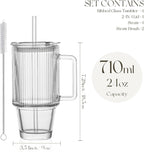 KEMORELA 4PCS 24oz Ribbed Glass Tumblers with Lids & Straws – Textured Handle Drinking Glasses for Iced Coffee, Smoothies, Cold Beverages – Reusable Clear Drinkware Set, Dishwasher Safe