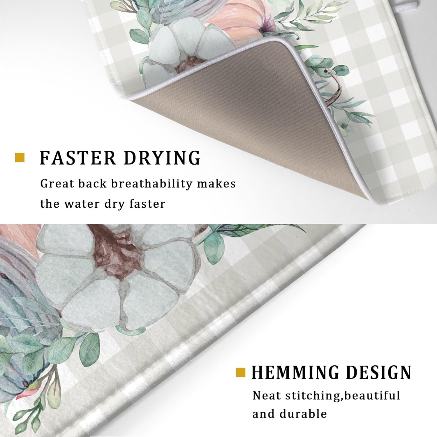 Fall Colorful Pumpkin Dish Drying Mat for Kitchen Counter,Green Leaves Drying Mat with Hanging Loop 18 x 24 Inch Microfiber Grey White Check Plaids Dish Drying Pad Dish Rack Drainer Mat for Coffee Bar