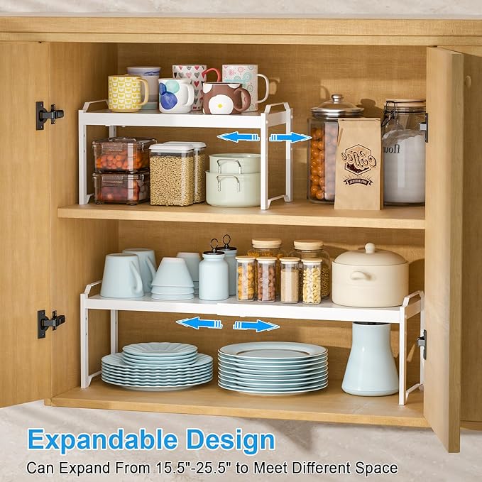 2 Pack Stackable Expandable Shelves For Kitchen Cabinet Countertop Storage, Adjustable Counter Cupboard Pantry Organizer Shelf Rack Stand, Length:25.5 Inch