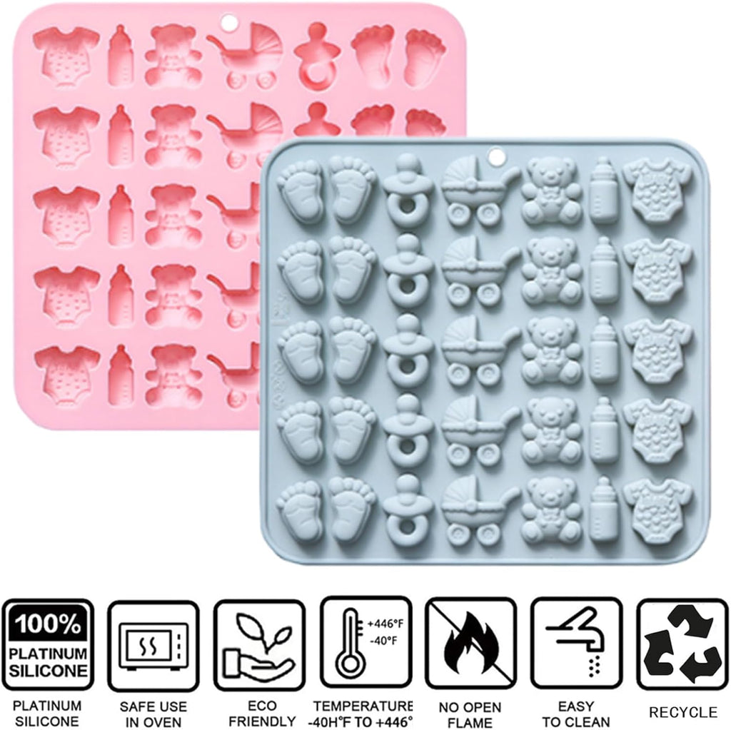 2 Pcs Baby Shower Chocolate Molds, 35 Cavity Baby Feet Mini Molds Baby Bottle Pacifier Baby Onesie Baby Carriage Bear Molds for Baby Shower Party Cake Decoration Cupcake Topper