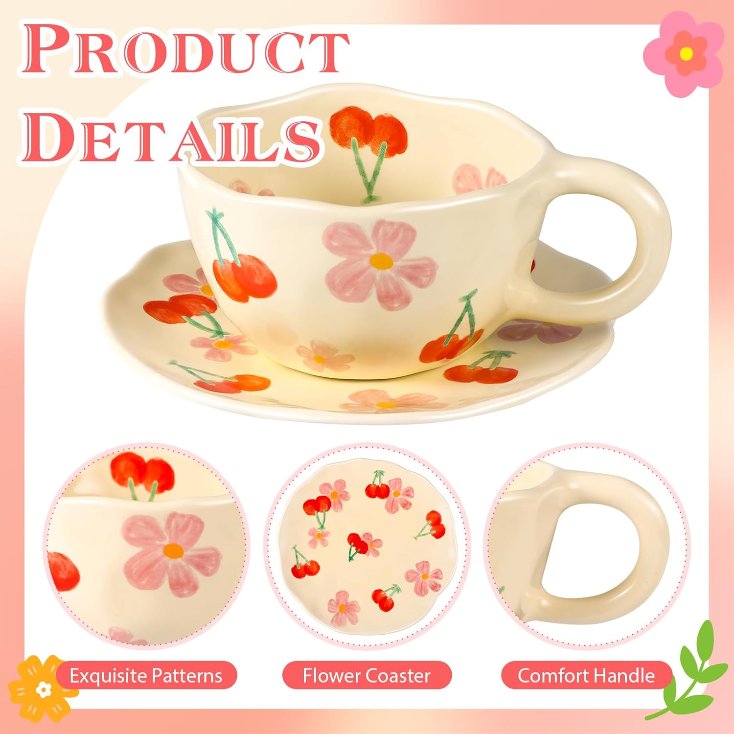 Cappuccino Cups with Saucers 8 oz Latte Art Cup Ceramics Coffee Mugs Irregular Aesthetic Flower Cups for Espresso, Double Shot, Americano, Latte, Tea - Microwave and Dishwasher Safe (Pink Cherry)