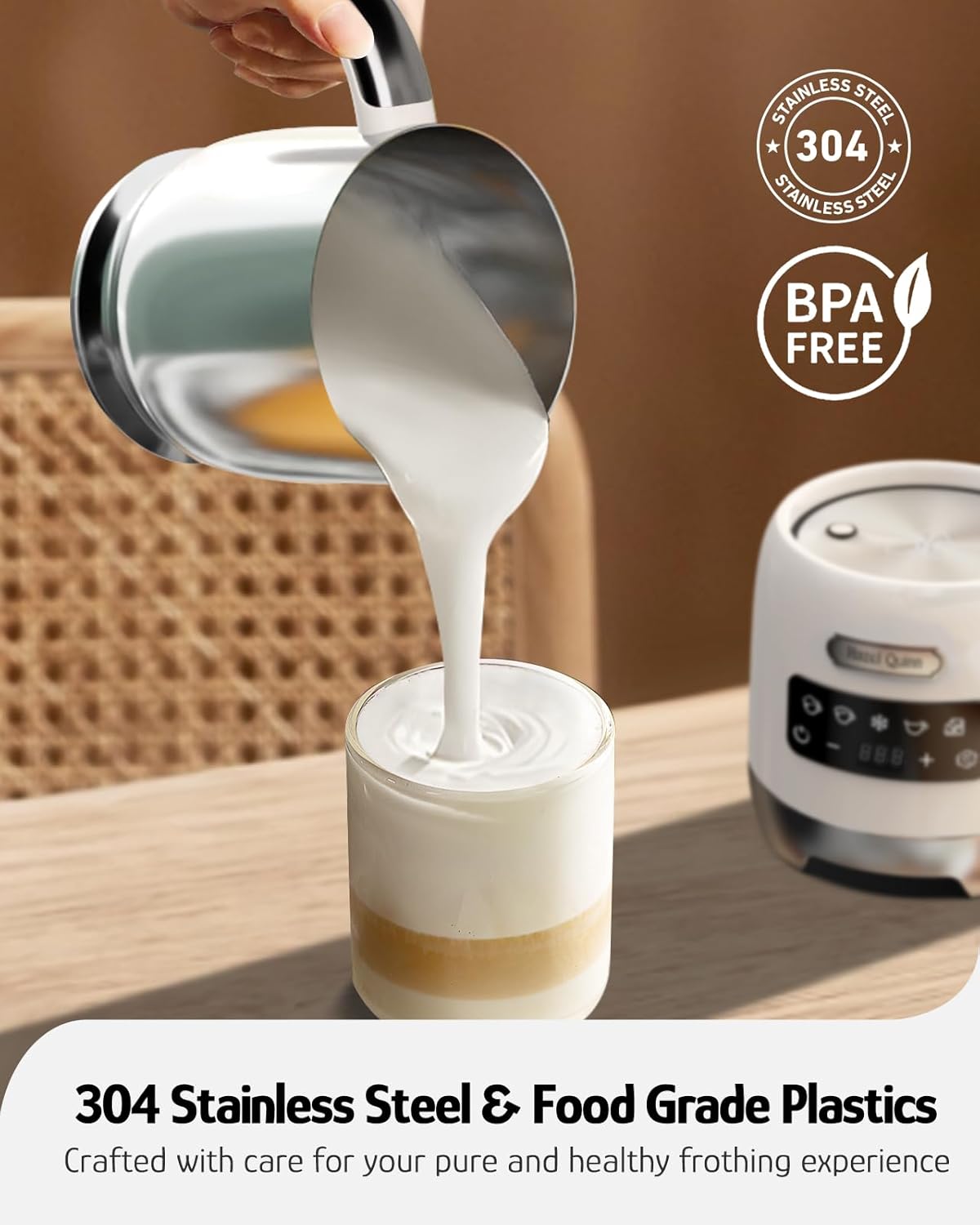 Hazel Quinn Milk Frother - Hot and Cold Detachable Milk Frother with Adjustable Temperature & Foam Thickness, Dishwasher Safe, for Latte/Cappuccino/Hot Chocolate, 400ML (13.5oz) - Pearl White