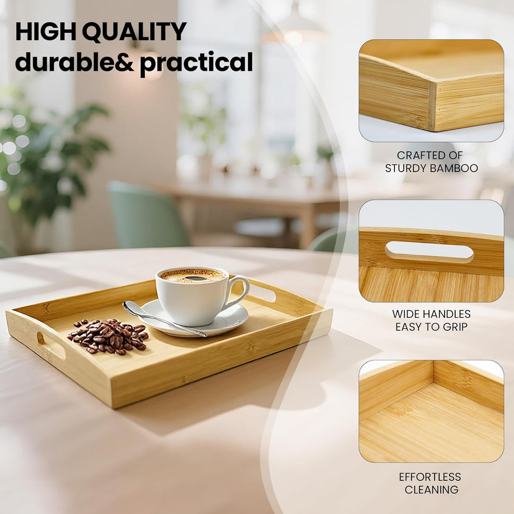 Set of 2 Bamboo Serving Tray with Handles, Decorative Wooden Tray for Breakfast, Dinner, Coffee Table - Portable Bamboo Tray for Ottoman, Kitchen, Living Room Bedroom, Outdoor Scenarios and More