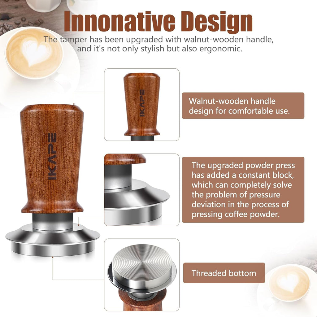 IKAPE 51mm Espresso Coffee Tamper, Spring-loaded Calibrated Tamper with Premium Stainless Steel, Newly Upgraded Walnut Tamper Compatible with All 51mm Espresso Machine Bottomless Portafilter