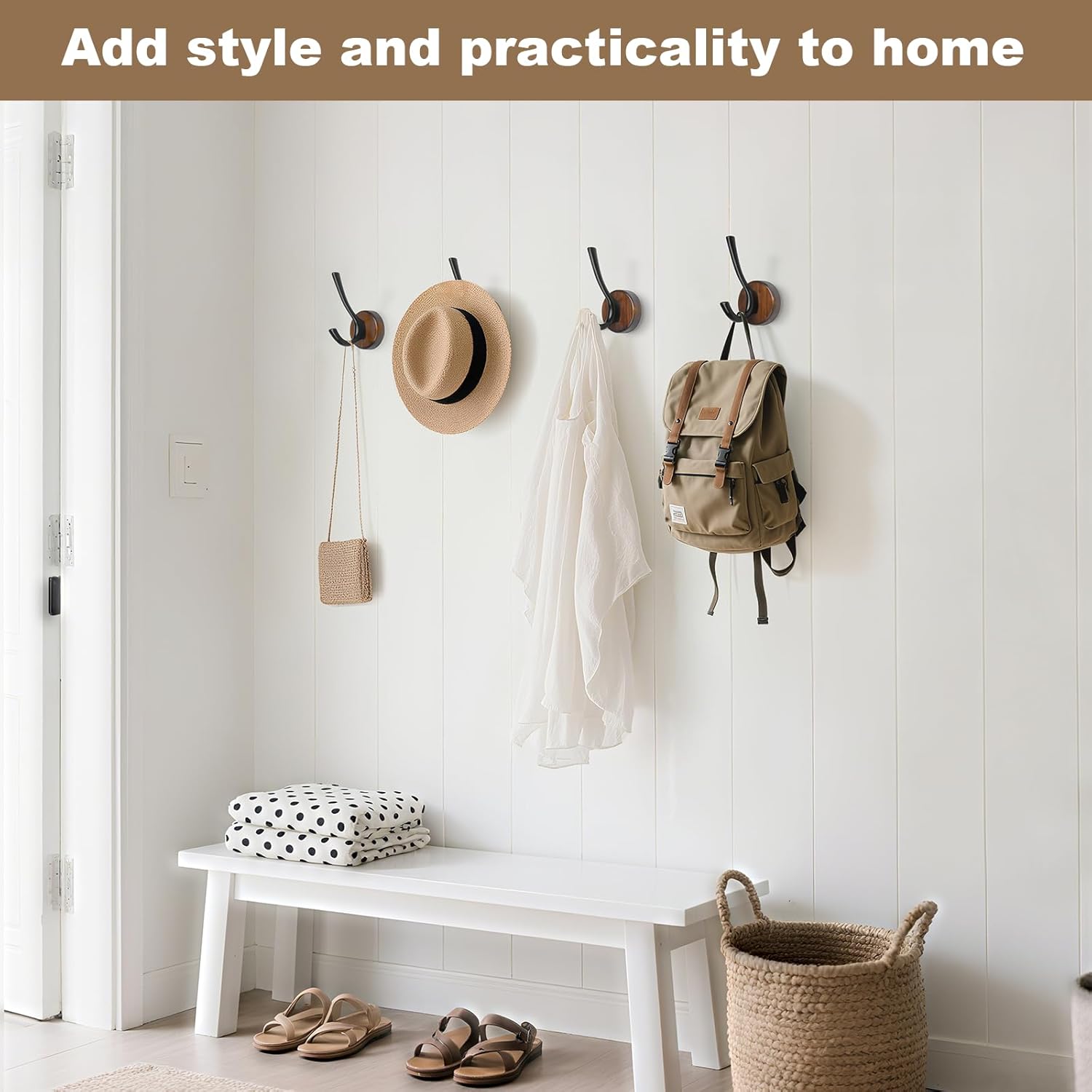 kuaima Coat Hooks Wall Mount, Round Walnut Wood Wall Hanger with Metal Double Hooks, Towel Robe Hooks Heavy Duty, Small, 4 Pcs