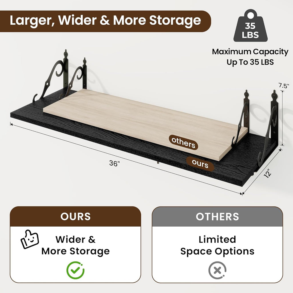 RICHFOCUS 12 Inch Deep Floating Shelves for Wall, 36" W x 12" D Black Wood Wall Shelves Set of 2, Wide Floating Shelves for Living Room, Bedroom, Kitchen, Bathroom and Decor Storage, Black