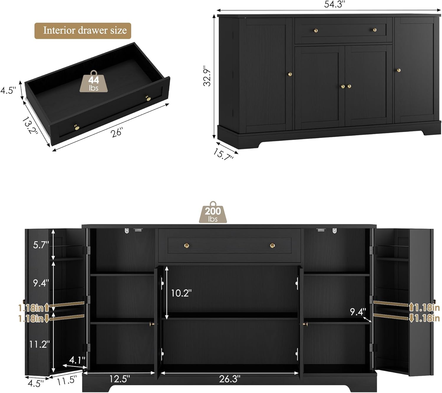 HITHOS 54" Buffet Cabinet with Storage, Modern Kitchen Buffet Sideboard with Drawer, Wood Coffee Bar with Adjustable Shelves, Kitchen Storage Cabinet for Living Room, Black