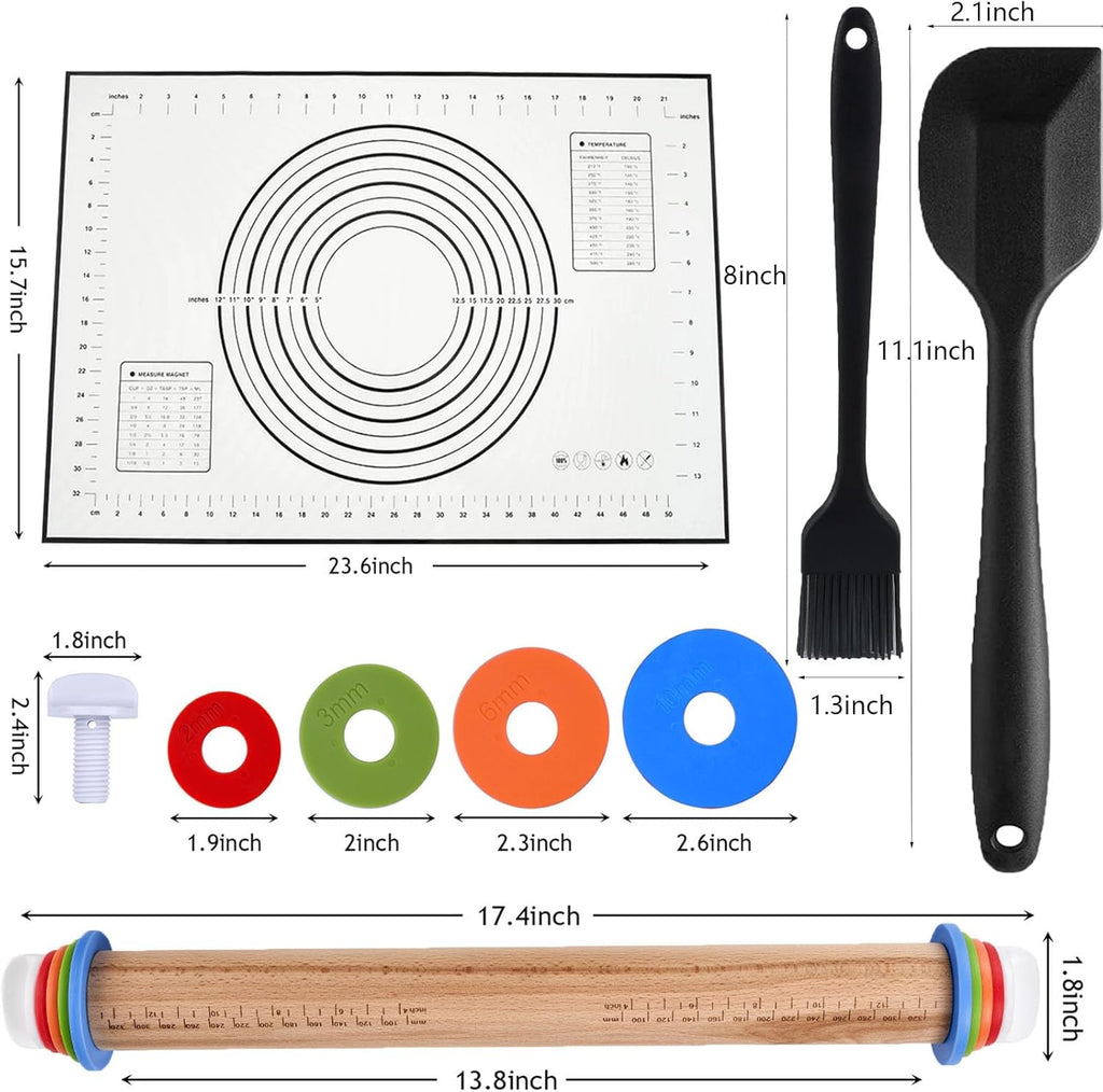 Adjustable Rolling Pin 4 Set and Silicone Baking Pastry Mat Setpastry,Siliconebrush and spatul,AdjustableThickness Rings,Wooden Dough Roller Rolling Pins for Baking Dough, Pizza, Pie