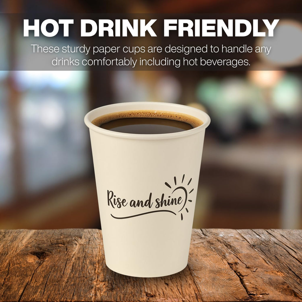 Smygoods Disposable Coffee Cups with Lids, To Go Paper Hot Cups, Rise and Shine Design (12 OZ, 100 Count) For Hot Beverages, Coffee, Tea, Espresso, Cocoa - Vasos Para Cafe
