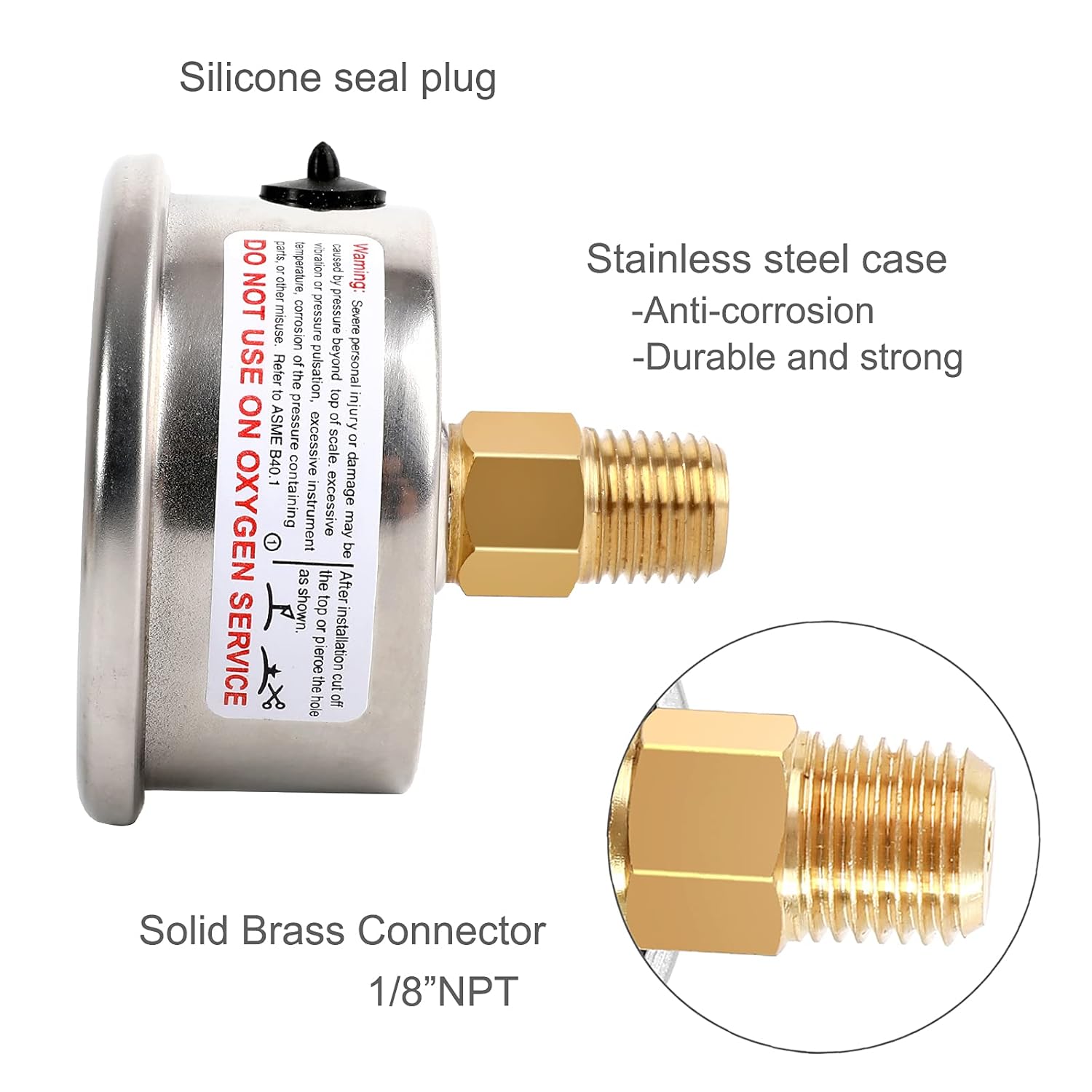 Glycerin Filled Vacuum Pressure Gauge -30HG/30PSI, 2-1/2" Clear dial Vacuum Gauge,1/4" NPT Back Connection, Stainless Steel Case, Brass Movement, Dual Scales