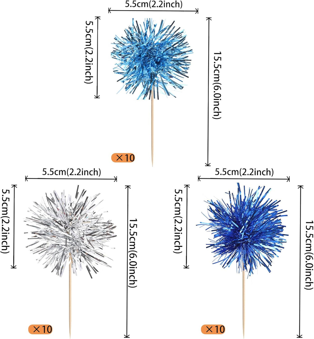 30 PCS Foil Firework Cupcake Toppers Sparkle Tinsel Cupcakae Picks Foil Firework Decorations Cocktail Fruit Toothpick for Fireworks Theme Birthday Wedding Graduation Party Decor Blue Silver Light Blue