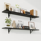 RICHFOCUS Floating Shelves for Wall Decor, 47.3W x 8D Wall Shelves Set of 2, 8 Inch Deep Rustic Wood Shelves Wall Mounted with Brackets, Long Floating Shelves for Living Room Bedroom Kitchen, Black