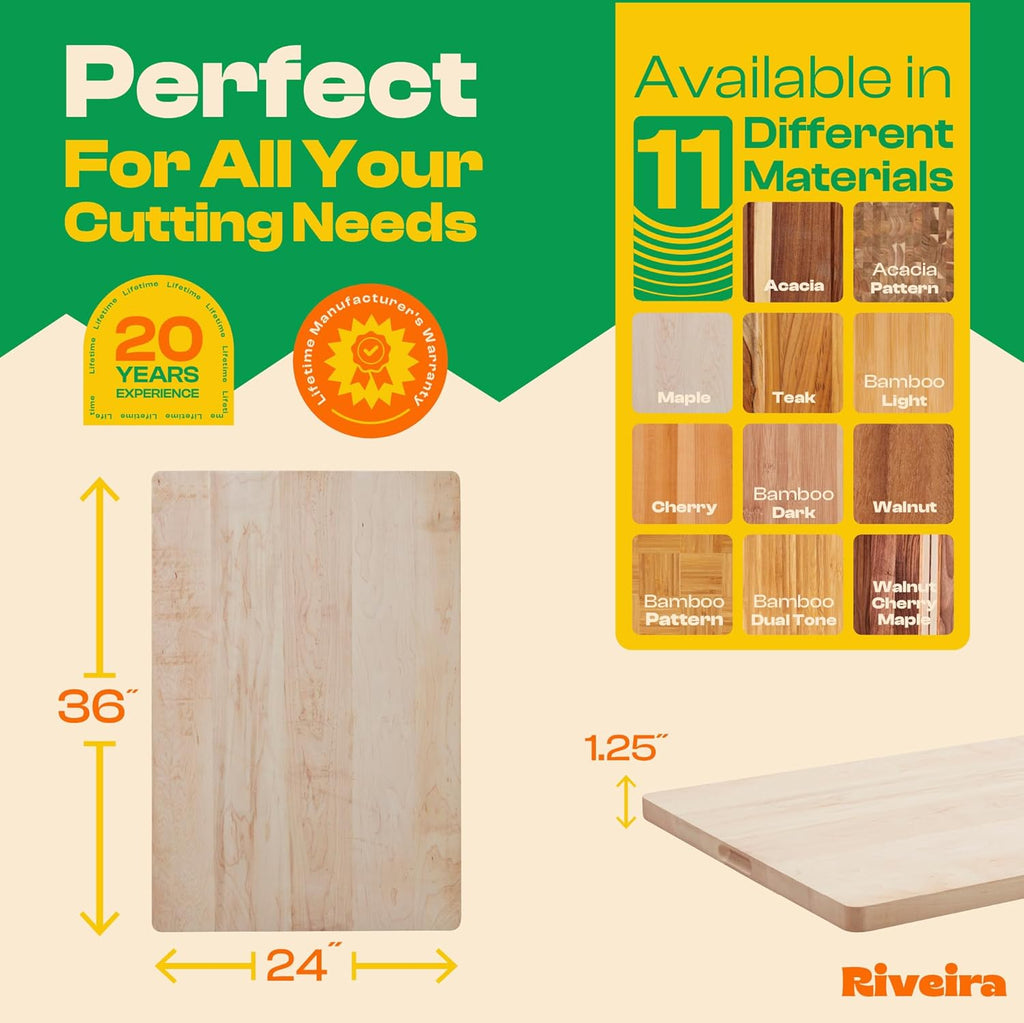 Riveira Maple Wood Cutting Board – Gourmet Maple Grandeur: 36 x 24 Wooden Cutting Board – Natural Wooden Cutting Boards For Kitchen Decorative – Innovative Juice Grooves Maple Wooden Chopping Board