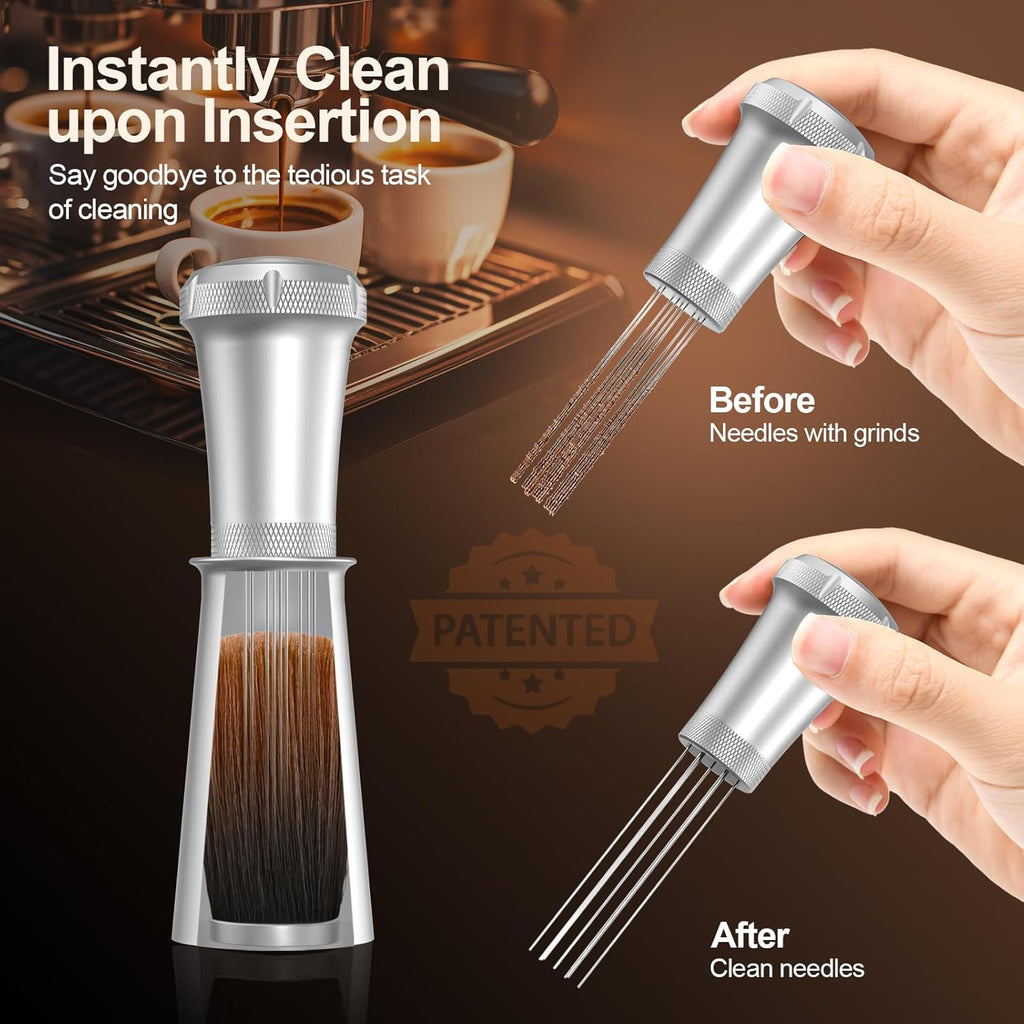 WDT Espresso Stirrer, Espresso Distribution Tool with Self Cleaning Brush, 10 x 0.35mm WDT Needles and Extra 10 Needles for Espresso Distributor, Aluminum Handle with Stand for Barista