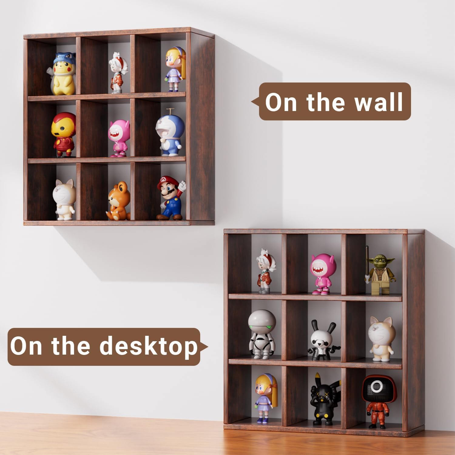 Helsin 9 Grid Vintage Coffee Mug Display Rack, 16inch Wall Mounted Wooden Curio Shadow Box Shelf, Cup Floating Shelves Display and Organizer (Bronze)