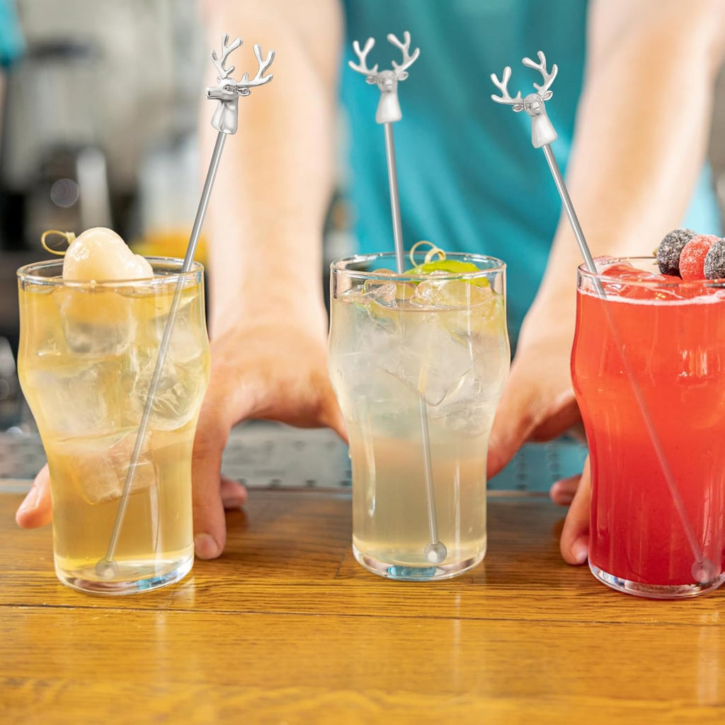 Swizzle Sticks,5 Pcs Stainless Steel Reusable Deer Head Shape Cocktail Stirrer Coffee Beverage Stir Sticks for Cocktail, Whiskey, Hot Cocoa, Creamer (Silver)