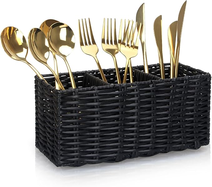 Ayiaren Wicker Silverware Cutlery Holder Black Flatware Utensil Caddy Best Silverwares Organizer Storage for Countertop Party Kitchen Utensils Holder Flatware Silverware Caddy Spoon and Fork Holders