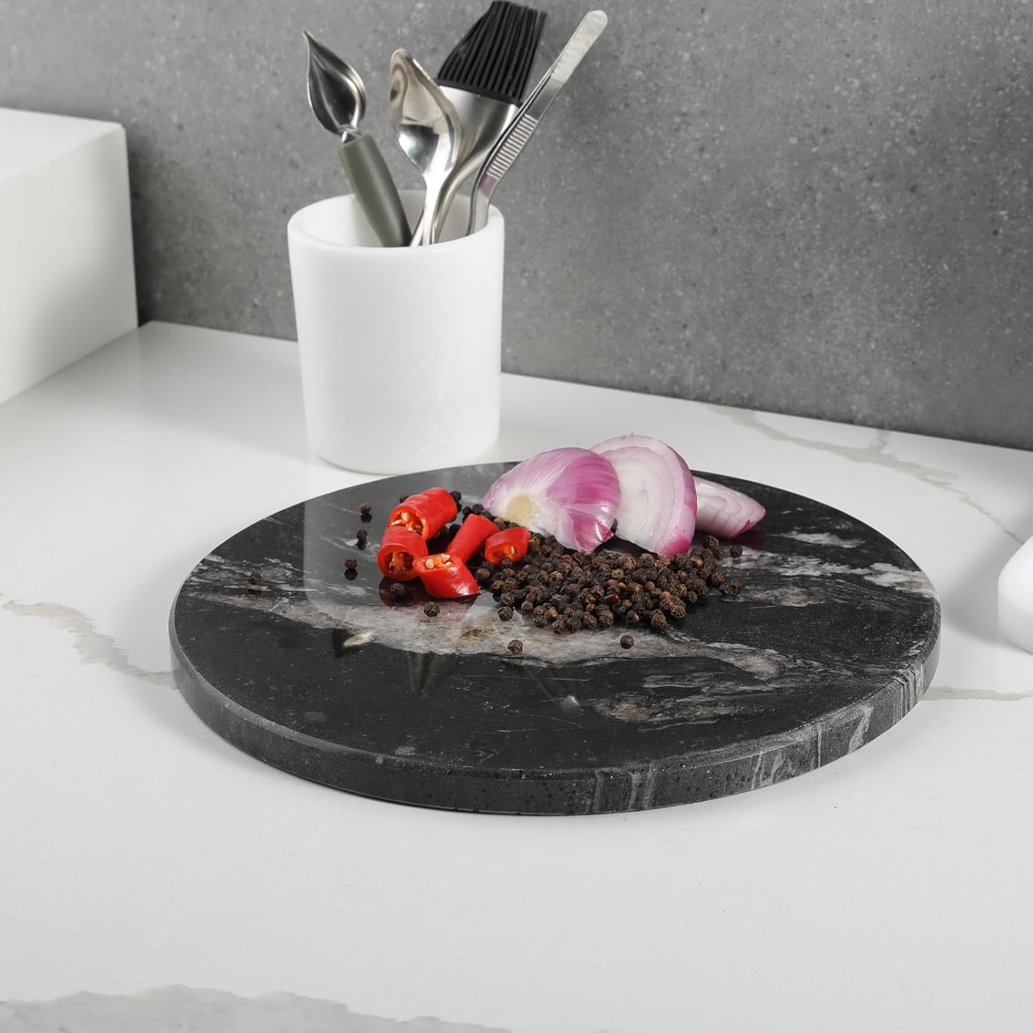 Koville Brazilian Natural Marble Cutting Board for Kitchen, 11" Round Hand Crafted Marble Slab for Cheese, Charcuterie, Pastry Board - Wedding Gift, House Warming Gift(Blue Fantasy)