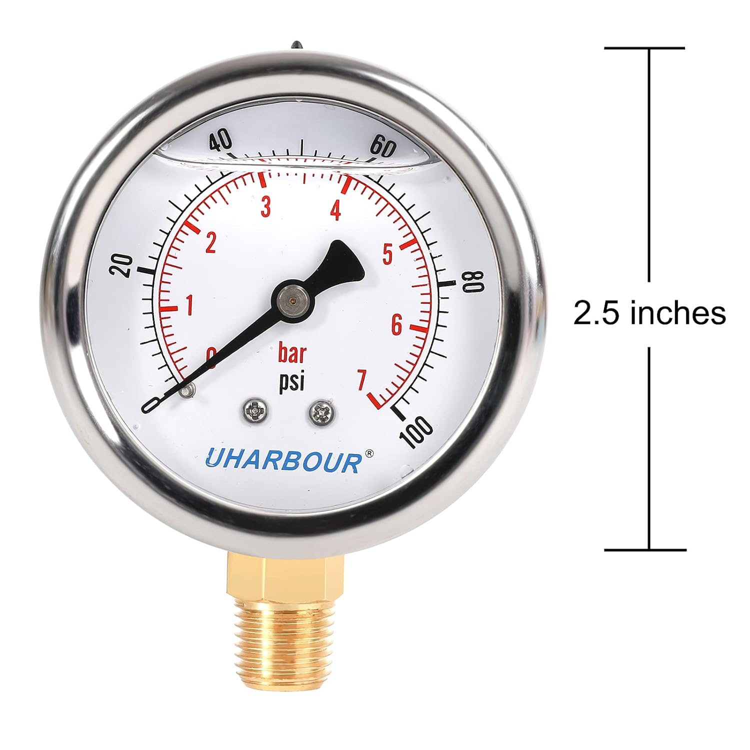 Glycerin Filled Pressure Gauge 100psi/7bar, Stainless Steel case, Brass Inside Construction, 2-1/2" dial, 1/4" NPT Rear Connection.
