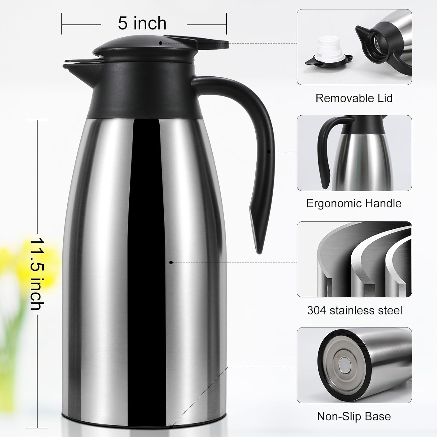 ThermoCafe 70 Oz Double Walled Vacuum Insulated Stainless Steel Carafe - Keeps Coffee & Water Hot for 12 Hours