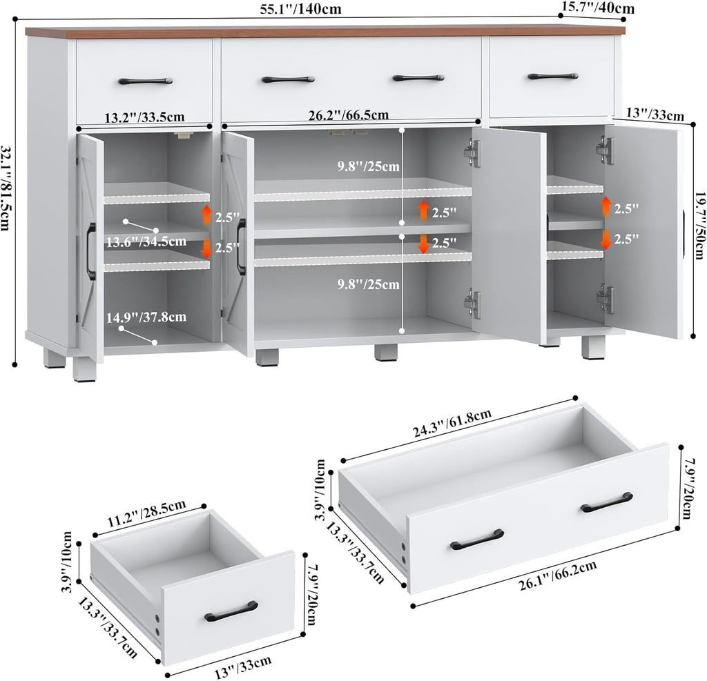 55" Sideboard Buffet Cabinet with Storage, Coffee Bar Cabinet with 3 Drawers and 4 Barn Doors, Long Storage Cabinet Modern Farmhouse, White Wood, for Kitchen, Dining Room, Living Room