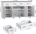 55" Sideboard Buffet Cabinet with Storage, Coffee Bar Cabinet with 3 Drawers and 4 Barn Doors, Long Storage Cabinet Modern Farmhouse, White Wood, for Kitchen, Dining Room, Living Room