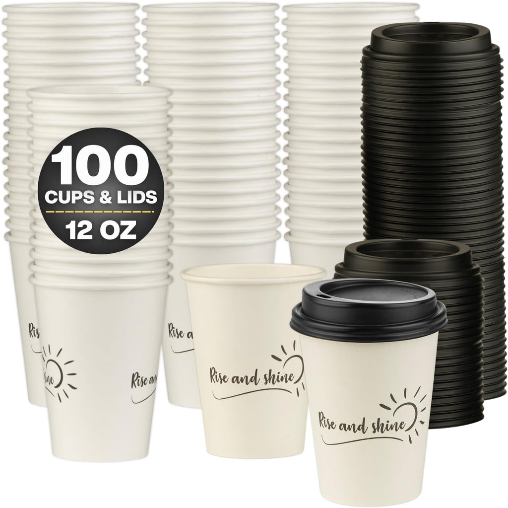 Smygoods Disposable Coffee Cups with Lids, To Go Paper Hot Cups, Rise and Shine Design (12 OZ, 100 Count) For Hot Beverages, Coffee, Tea, Espresso, Cocoa - Vasos Para Cafe