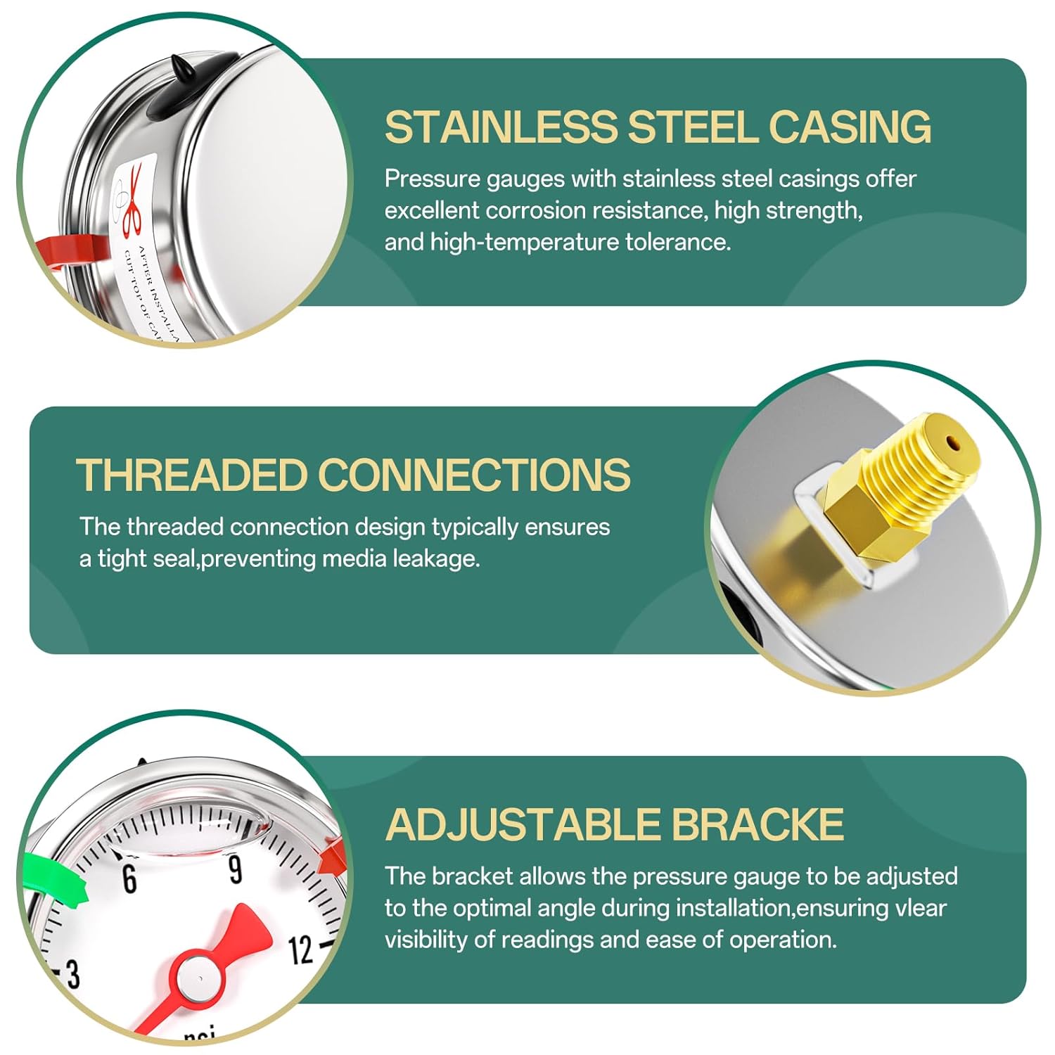 0-15psi Stainless Steel Glycerin Liquid Filled Pressure Gauge 1/8" NPT 1.5" Face Dial, Center Back Mount, for Water, Oil and Air Pressure Testing (with Range Mark Pointer)