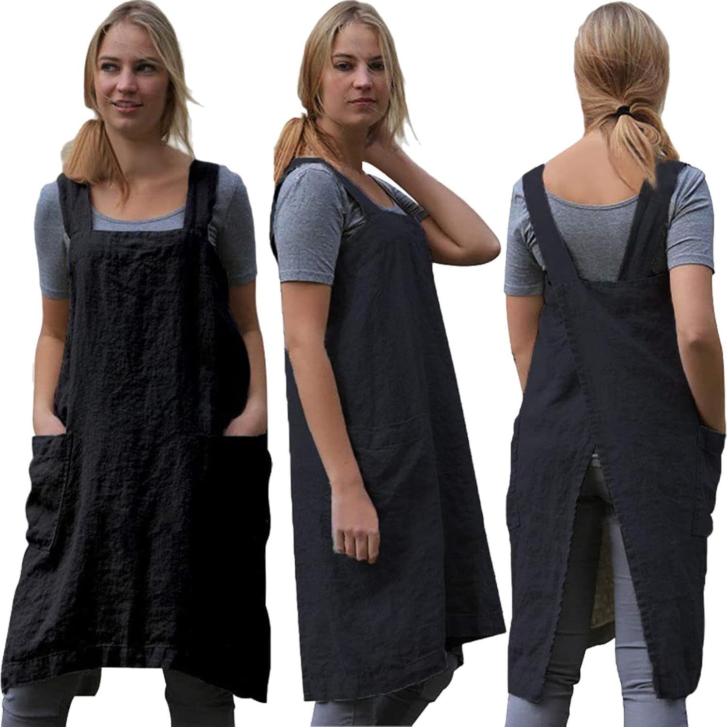 ZQFFB Pinafore Cross Back Apron for Women with Pockets Japanese Smock for Work Gardening Cooking Painting Baking