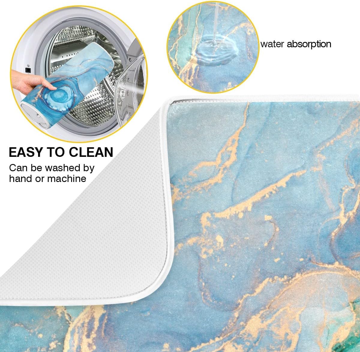 Marble Dish Drying Mat for Kitchen Counter Blue Teal Turquoise Gold Drying Mat 18 x 24 Inch with High Absorbent Reversible Microfiber Dish Drying Pad Dish Rack Pad Drainer Mat for Coffee Bar