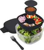 Bentgo Glass All-in-One Salad Container - Large 61-oz Salad Bowl with Lid, 4-Compartment Bento-Style Tray, 3-oz Sauce Container, and Reusable Fork - Dishwasher, Microwave, and Oven Safe (Black Onyx)