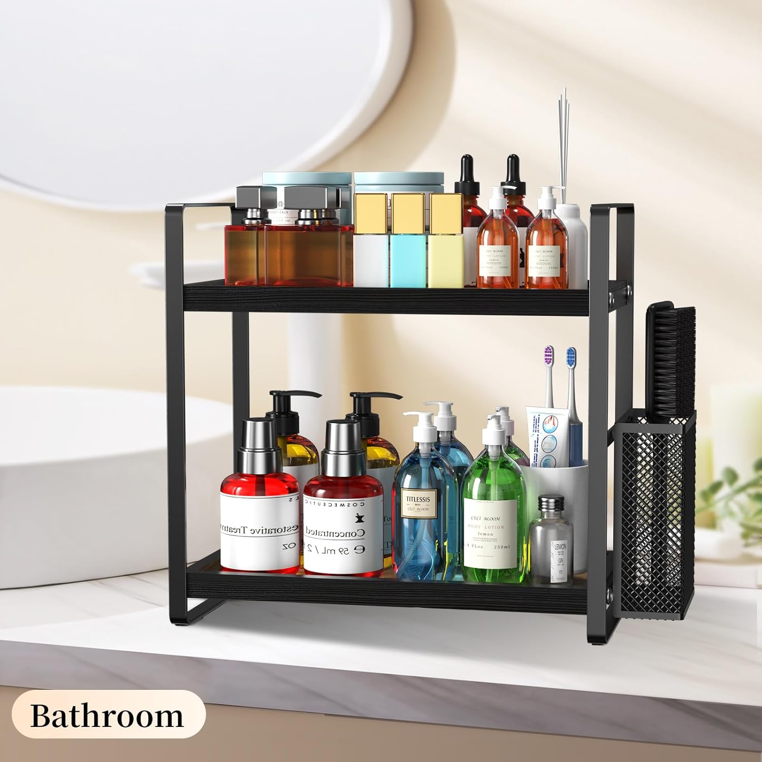 Bathroom Counter Organizer, Wood Vanity Trays with Basket, Skincare Countertop Organizers, Large Capacity Makeup and Perfume Organizer