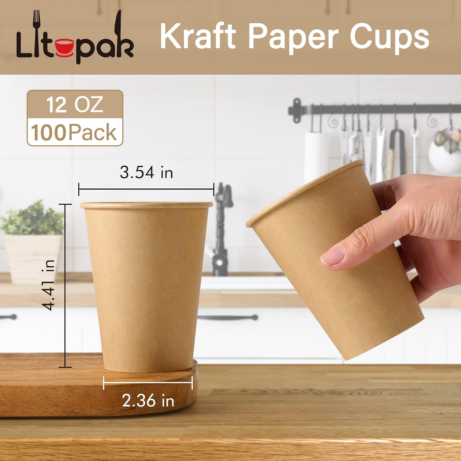 LITOPAK 100 Pack 12 oz Kraft Paper Cups, Disposable Coffee Cups, Disposable Drinking Cups, Hot Coffee Cups, Paper Coffee Cups for Water, Coffee, Juice, and Milk